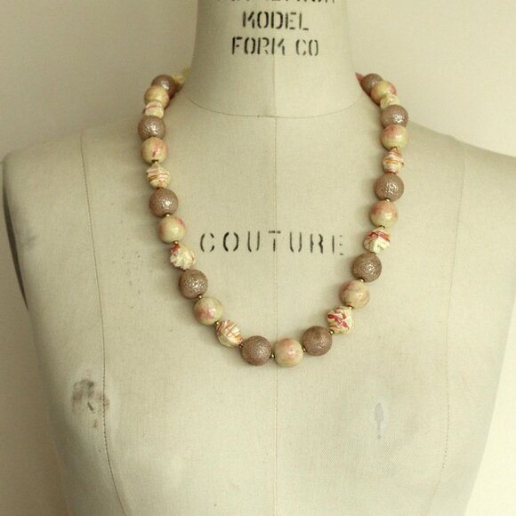 Vintage 1960s Necklace, Pink and White Large Beads with Gold Spacers Mod Jewelry - Picture 1 of 9